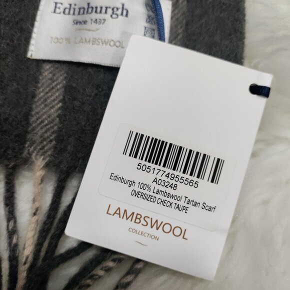 NWT Edinburgh 100% Lambswool Cozy Tartan Unisex Oversized Scarf Check Taupe - Picture 5 of 9